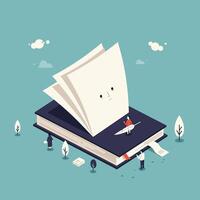 Illustration of a large book with animated page faces and tiny people interacting around it in a minimal outdoor setting with small trees and clouds vector