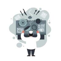 Chef in white uniform cooking multiple dishes simultaneously on a stovetop in a professional kitchen with various utensils and ingredients vector