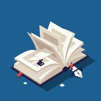 Small person standing next to large open book with flying pages and oversized fountain pen on blue background representing creativity and writing vector