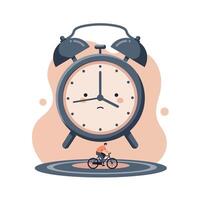 Small person riding a bicycle on a clock face with a large, sad-faced alarm clock in the background symbolizing time pressure and stress vector