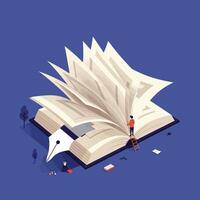 Small person standing on ladder flipping large pages of an oversized open book with giant pen nib on dark blue background vector