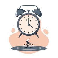 Man riding bicycle under large vintage alarm clock symbolizing time management and daily routine balance vector
