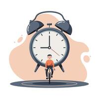 Young man riding bicycle in front of large vintage alarm clock symbolizing time management and daily routine balance in minimalist style vector