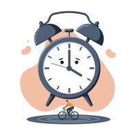Illustration of a large vintage alarm clock with worried facial expression above a small person riding a bicycle on a circular path symbolizing time pressure and stress vector