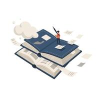 Small person standing on two large open books with flying pages and thought cloud, depicting imagination and creative thinking in a minimalist white space vector