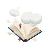 Small person standing on large open book with floating pages and clouds above, symbolizing imagination and creativity in a minimalistic white background vector