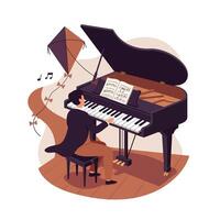 Man in formal attire playing grand piano with sheet music on wooden floor while a kite flies nearby producing musical notes in whimsical setting vector