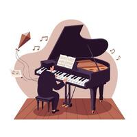 Man dressed in black playing grand piano with open sheet music on wooden floor, surrounded by flying musical notes and a kite symbolizing creativity vector
