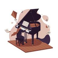Man playing grand piano on wooden stage with flying music sheets and musical notes in whimsical artistic style vector