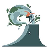 Young skateboarder performing a trick on a large wave-shaped ramp with water splash effects in a dynamic and playful setting vector