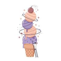 Small astronaut climbing ladder to reach giant ice cream cone with multiple scoops and planets orbiting, whimsical and imaginative dessert fantasy scene vector