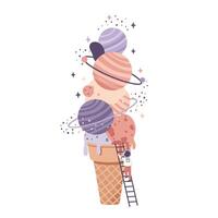 Small astronaut climbing ladder to ice cream cone topped with planets and stars in whimsical cosmic dessert scene vector