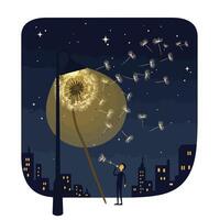 Person standing under gigantic dandelion blowing seeds into the night sky with glowing cityscape and stars in the background vector