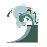 Illustration of a skateboarder performing a trick on a ramp shaped like a whale with water splashing around in a playful and dynamic scene vector