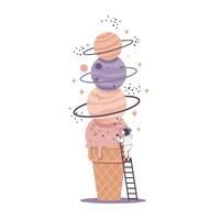 Small astronaut climbing a ladder to scoop planets stacked like ice cream scoops within a waffle cone in a whimsical space-themed illustration vector