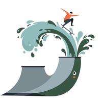 Young skateboarder in orange shirt performing a jump trick on a large whale-shaped skate ramp with water splash effects and dynamic motion vector