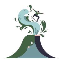 Cartoon illustration of a skateboarder performing a trick on a large green whale-shaped wave erupting with splashes, showcasing dynamic movement and playful energy vector