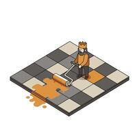 Illustration of a man wearing a crown rolling orange paint on a tiled gray and beige floor with a paint roller in an isometric view vector
