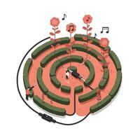Circular garden maze with tall blooming flowers emitting musical notes connected by a black audio cable, featuring two miniature people exploring and interacting with the sound elements vector