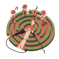 Hands connecting audio jack plug to socket in the center of circular garden maze with blooming flowers and musical notes vector