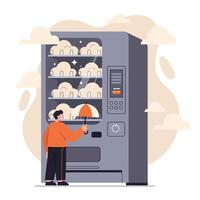Young person in orange sweater selecting umbrella from a large modern vending machine filled with various umbrellas on a cloudy day vector