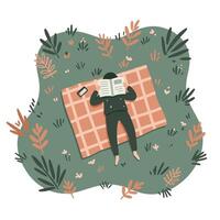 Person lying on a checkered picnic blanket in a grassy field, reading a book surrounded by scattered plants and calm natural environment vector