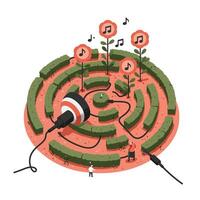 Circular green hedge maze with oversized black and red headphones and musical notes floating above bright flowers, two small human figures interacting with the maze and audio device vector