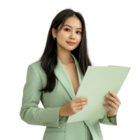 Smiling woman with a paper in a boardroom setting png