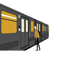 A young man with a backpack waiting and looking inside a modern gray and yellow subway train at a station platform vector
