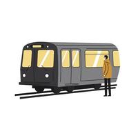 Man in brown coat standing next to modern grey subway train on tracks with illuminated windows in minimalistic white background vector