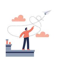 Man standing on rooftop launching white paper airplane into sky with dotted flight path and soft pink clouds around vector