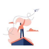 Young man standing on rooftop launching a paper airplane into the sky with a playful and hopeful mood in a minimalist outdoor setting vector