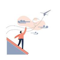Young man in orange sweater launching a white paper airplane outdoors with stylized clouds and dotted flight path showing movement and creativity vector