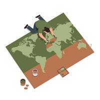 Man painting a large world map on the floor using green and brown colors with paint cans and a brush while kneeling and focusing on details vector