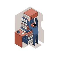 Man organizing and stacking multiple large file boxes on a cluttered office desk in a small corner workspace, focusing on tidying and sorting documents efficiently vector