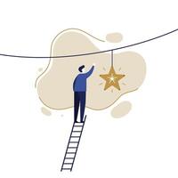 Man standing on a ladder reaching to hang a large golden star ornament from a horizontal line with abstract beige background shapes vector