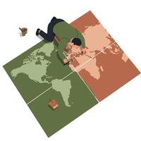 Man in green sweater and black pants painting a large world map divided into green and brown sections on the floor with brushes and paint pots, focused on precise lines vector