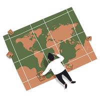 Man in white shirt and black trousers studying a large green and brown world map on the ground with wooden blocks marking locations, focused on exploring global geography vector