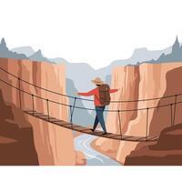 Man wearing a hat and backpack carefully crossing a narrow suspension bridge over a deep canyon with a river flowing below under a cloudy sky vector