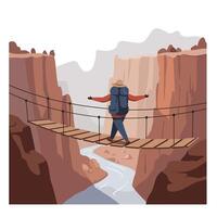Hiker wearing a backpack cautiously crossing a narrow wooden suspension bridge over a deep canyon with rocky cliffs and a winding river below in a remote wilderness setting vector