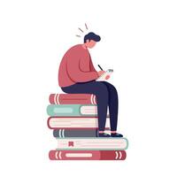 Young man wearing red sweater and dark pants sitting on a tall stack of books while writing in a notebook with focused posture and thoughtful mood vector