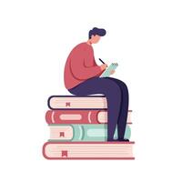 Young man sitting on a large stack of colorful books writing notes on a notepad in a calm and focused setting vector