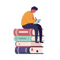 Young man in orange sweater sitting on a large stack of colorful books writing in a notebook with focused posture and calm indoor atmosphere vector