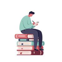 Young man sitting on a tall stack of large hardcover books writing notes with a pen on paper in a focused and thoughtful posture vector