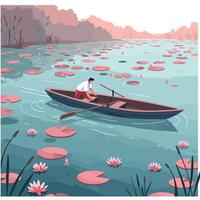 Man rowing a small wooden boat on a calm lake covered with pink water lilies and green lily pads during a peaceful early morning vector