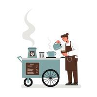 Barista in brown apron pouring hot water into a cup at a mobile coffee cart with steaming coffee pot and menu board, preparing fresh coffee with focus and calm atmosphere vector