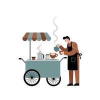 Barista in brown apron preparing a cup of steaming coffee at a small mobile coffee cart with striped canopy in a minimalist setting vector