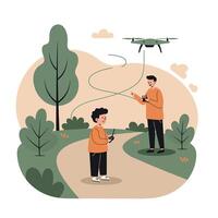 Two boys flying a green drone in a park surrounded by green trees and bushes on a winding path during daytime vector