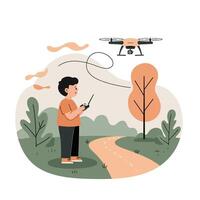 Young boy with curly hair operating remote control drone flying above a winding pathway in a park with green bushes and orange tree during a calm day vector