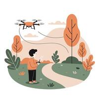 Young boy controlling an orange drone with a remote in a park surrounded by autumn trees and winding pathway in a calm natural setting vector